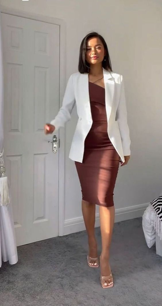 White Blazer with Brown Satin Dress